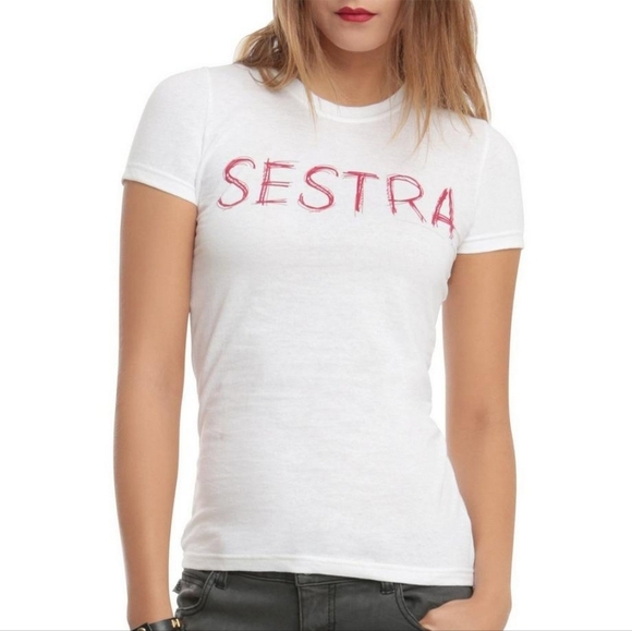 Hot Topic Ophan Black Women's White Sestra Red Winged Back Shirt Size Large - Picture 3 of 9